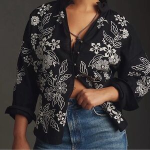 Calypso St. Barth medium linen button-down blouse embroidered white floral black